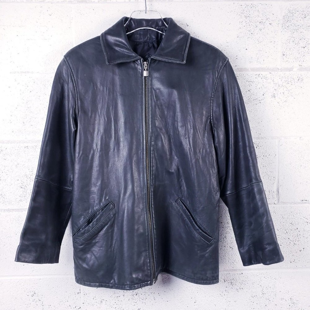 Tibor Mens Black Long Sleeve Collared Full Zip Leather Bomber‎ Jacket Size Small